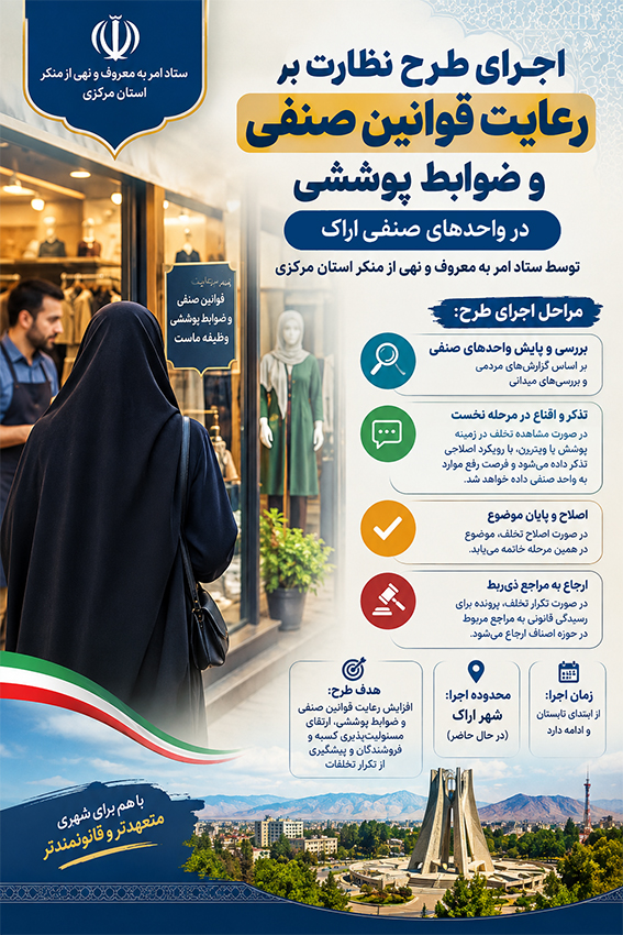 اجرای طرح نظارت بر رعایت قوانین صنفی و ضوابط پوششی در واحدهای صنفی اراک
